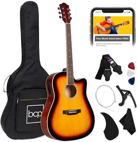 (4) Best Choice Products Beginner Acoustic Electric Guitar Starter Set 41in w/All Wood Cutaway Design, Carrying Case, Strap, Picks, Cable - Sunburst (BID IS PER GUITAR, LOT IS FOR 4 GUITARS TOTAL.)