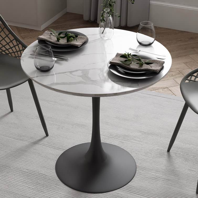 Kimetra Round Cafe Indoor Table with Faux Marble Top and All Steel Pedestal Base 