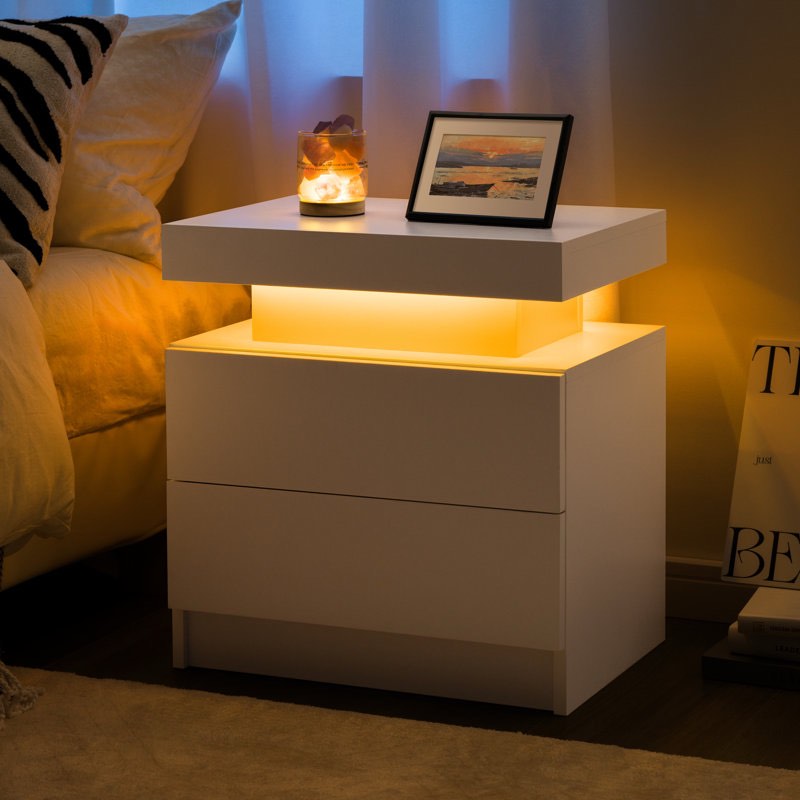 Engineered Wood Nightstand with LED Lights - Modern Small Space Solution 