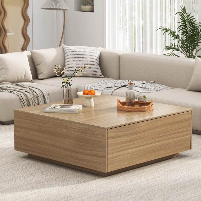 Modern Square Coffee Table With 2 Drawers, Large Square Center Table, Wood Coffee Table For Living Room 