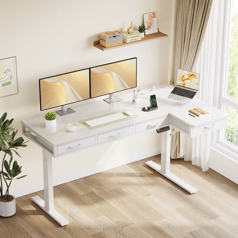Electric Standing Desk With 4 Under-desk Drawers, Height-adjustable Desk With Built-in Power Outlets,standing Desk With Reversible Structure,home Office Desk With Hidden Desk-mounted Cable Management Tray 