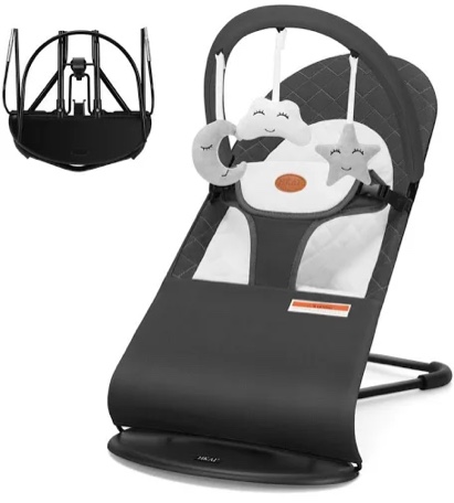 HKAI Baby Bouncer, Portable Baby Bouncer Seat for Babies 0-18 Months, 100% Cotton Fabrics, 3 Modes of use with Rocker and Stationary Options, Infant Rocker Chair with Hanging Toys-Black not Light Grey