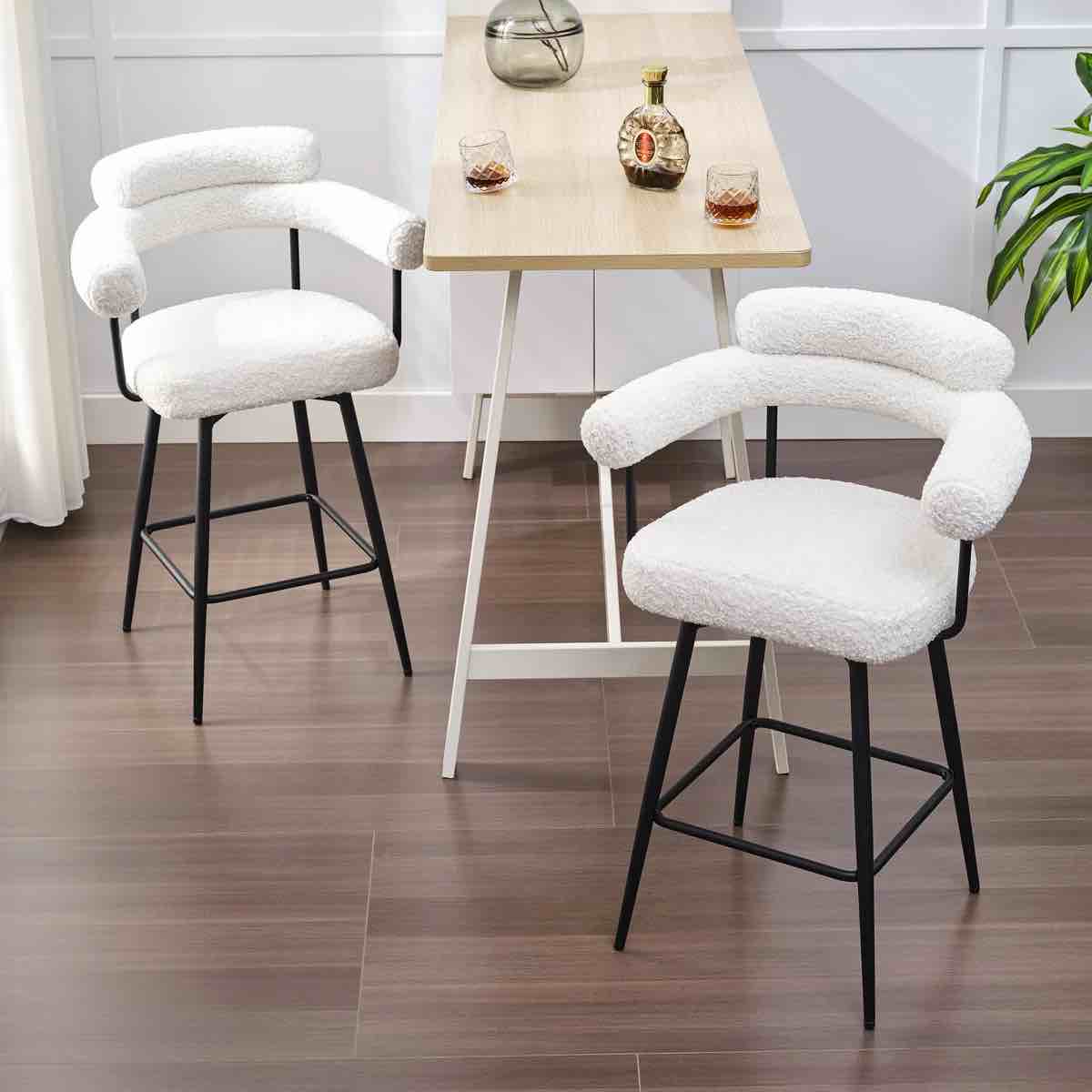 Kiylan Swivel Upholstered 26.7" Sherpa/Linen Counter Stool with Curved Wing Back and Metal Frame (Set of 2)