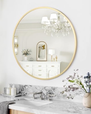 GARVEE Gold Circle Mirror 32 Inch, HD Eco-Friendly Round Bathroom Mirror, Matte Black Metal Frame, Easy to Install, Vanity, Entryway, Hallway
