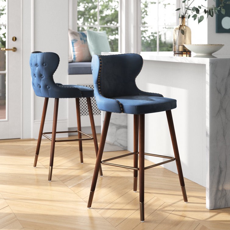 Blue Carrazco Upholstered Counter Stool with Solid Wood Frame (Set of 2)