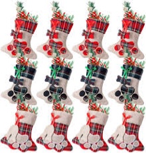 Xaatren 12 Pcs 8 Inch Mini Christmas Stockings Bulk Xmas Dog Paw Buffalo Plaid Hanging Stocking Xmas Stocking Fireplace Decor for Holiday and Christmas Decorations