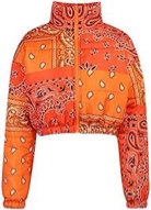 Arssm Women's Cropped Puffer Jacket Y2K Quilted Winter Full Zip Bandana Jacket Warm Bubble Coat(Orange-XS)