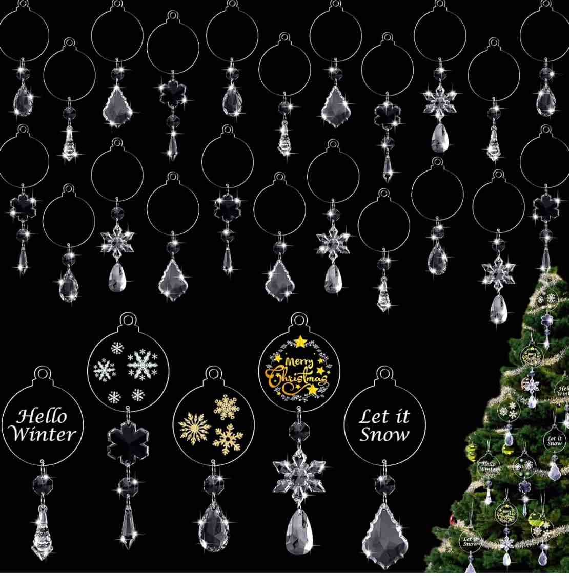 Wettarn 50 Pcs Crystal Christmas Tree Ornaments Clear Acrylic Blanks and Snowflakes Pendants Hanging Acrylic Flat Disc with Transparent Crystal for Xmas Winter New Year Decorations