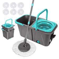 YQiuNB Mop and Bucket with Wringer Set, Wet & Dry Use Mops for Floor Cleaning, Flat Floor Mop and Bucket System, with 3 Pads and Detachable Handle, Hands Free Floor Mop for Floors, Ceilings