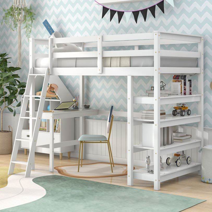 Twin Loft Bed w/ Desk, White 