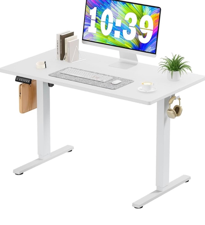Electric Standing Desk - 40 x 24 inch Adjustable Height Sit to Stand Up Desk with Splice Board, Rising Home Office Computer Table with 2 Hook and Wire Hole for Work, Study or Gaming