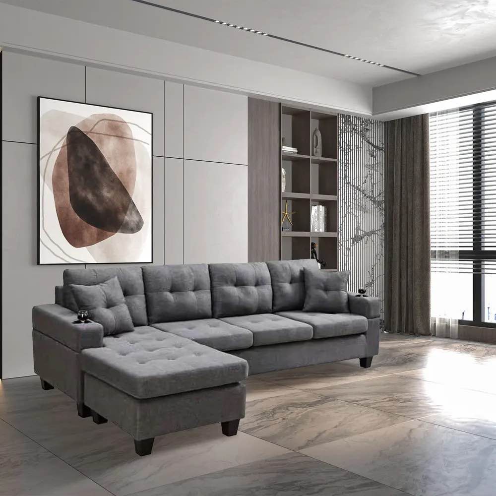 MEGA Sectional Sofa Left with Footrest, Convertible Corner Sofa with Armrest Storage, Sectional Sofa for Living Room and Apartment, Chaise Longue Left (Grey), box 2 only