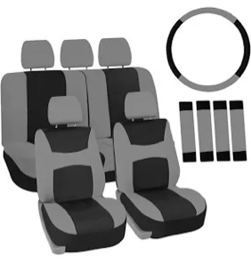 Automotive Seat Covers Black Universal Fit Combo Set with Steering Wheel Cover and Seat Belt Pad fits most Cars, SUVs, and Trucks (Airbag Compatible and Split Bench) FH Group FB030115BLACK-W-B