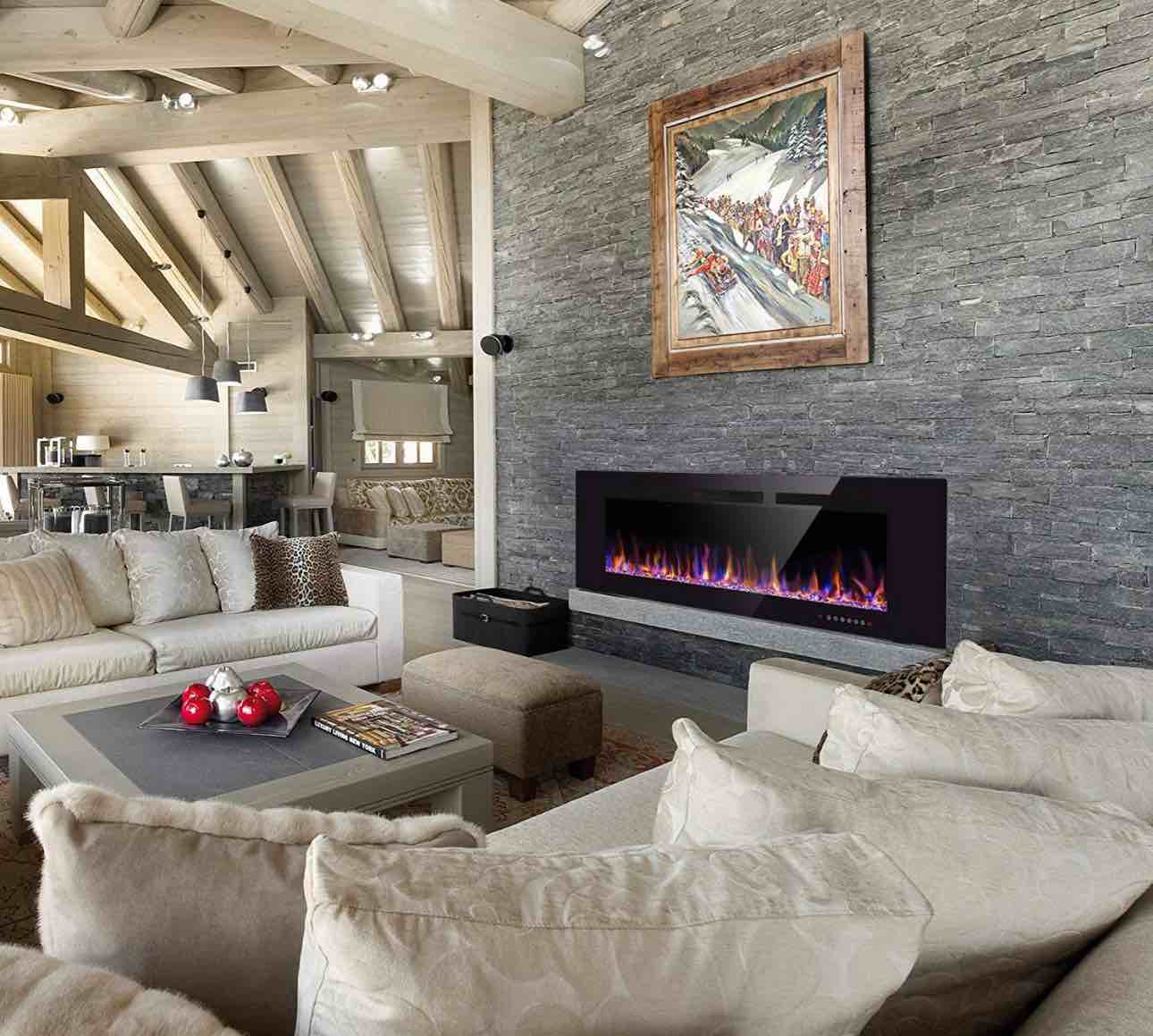 Xbeauty 68" Electric Fireplace in-Wall Recessed and Wall Mounted 1500W Fireplace Heater and Linear Fireplace with Timer/Multicolor Flames/Touch Screen/Remote Control Black