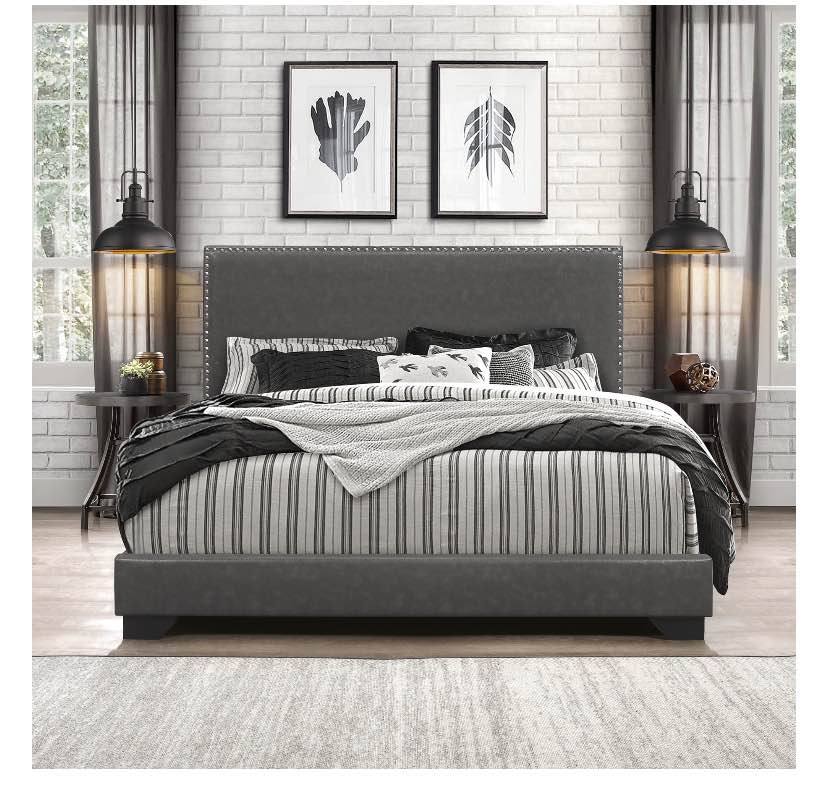 Willow Nailhead Trim Upholstered Queen Bed, Gray Faux Leather