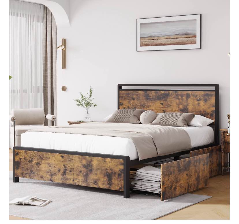 Queen Bed Frame with Headboard and 4 Storage Drawers, Metal Platform Bed with Large Storage Space No Box Spring Needed