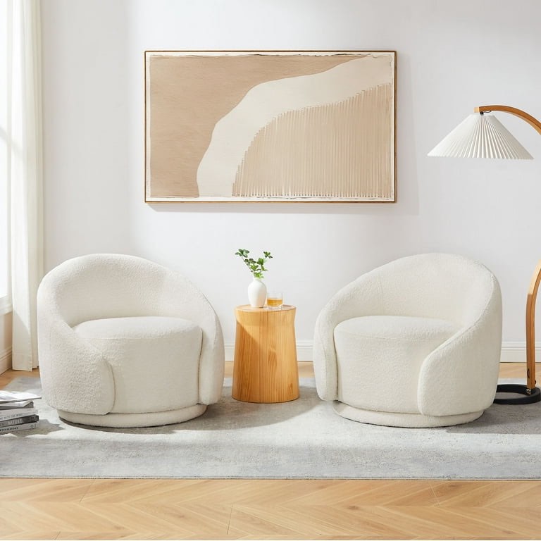(Pair of Vanomi Chairs) VANOMi 360° Swivel Barrel Chair, Upholstered Modern Round Accent Arm Chairs, Single Sofa Chair for Living Room, Bedroom, Office, White Boucle Model: HWSF-1008-WT (Lot is for 2 Chairs Total/BID IS PER CHAIR.)