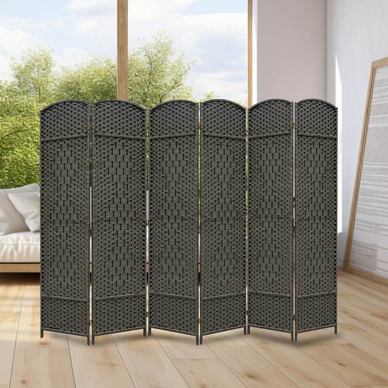 DURASPACE Room Divider with 6 Panels Wood Weave Fiber Folding Privacy Screen Freestanding Double Hinged for Patio Privacy , Gray