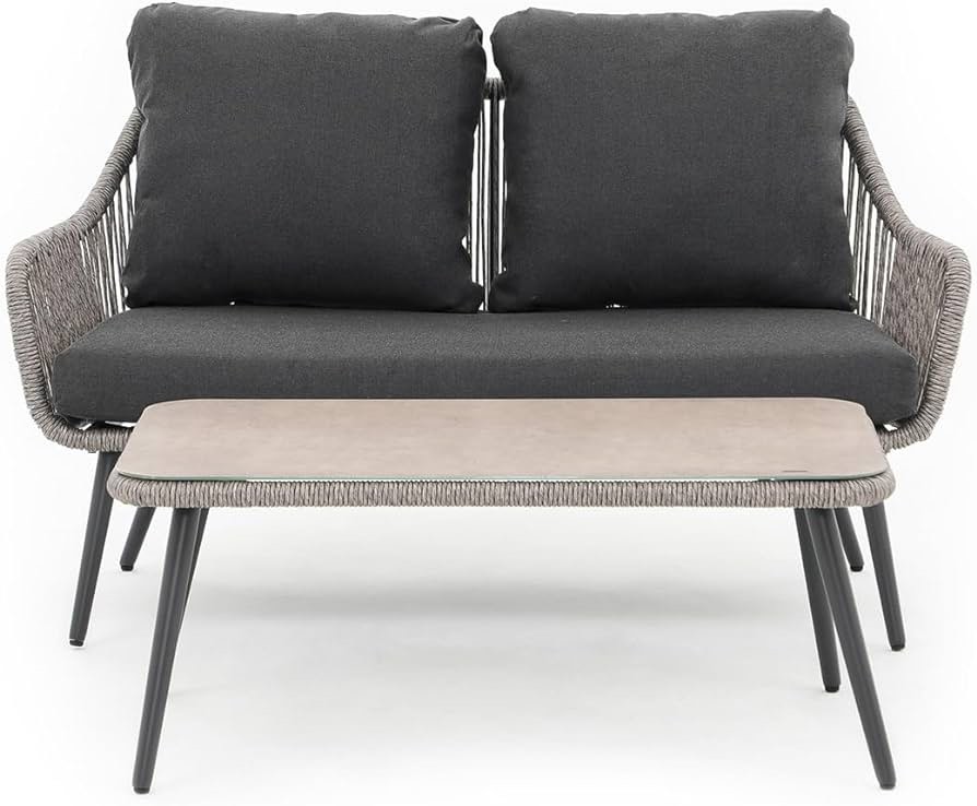 JARDINA Outdoor Loveseat Set with Table Handwoven Wicker Outdoor Furniture for Porch Backyard, Gray