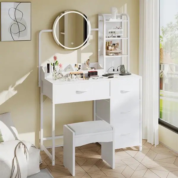 modern vanity desk with led mirror, adjustable lights, charging station, 4 drawers & storage shelves  sku: pho-160qn7i_a modern vanity desk with adjustable mirror built-in charging station 437-707-2772