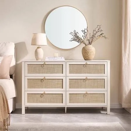 sicotas 51.14" wide 6-drawer rattan dresser, white boho chest of drawers with gold handle for bedroom, coastal bedroom furniture white oak dressers for bedroom