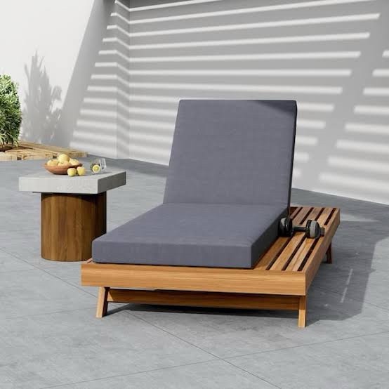 acacia wood outdoor lounge chair with a dark gray seat cushion, 3-position adjustable backrest and ergonomic design 