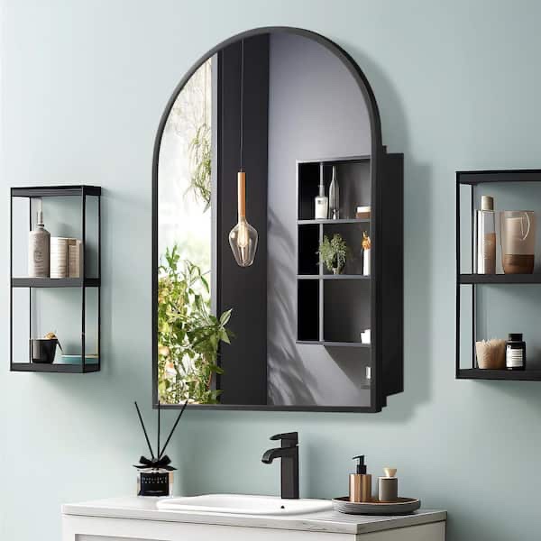 dovelina 24 in. w x 36 in. h arched black recessed/surface mount medicine cabinet with mirror