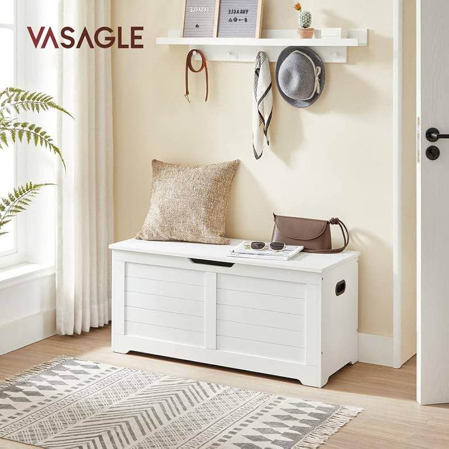 vasagle storage chest, storage bench with 2 safety hinges, farmhouse style, 15.7 x 39.4 x 18.1 inches, for entryway, bedroom, living room, cloud white ulsb061t10