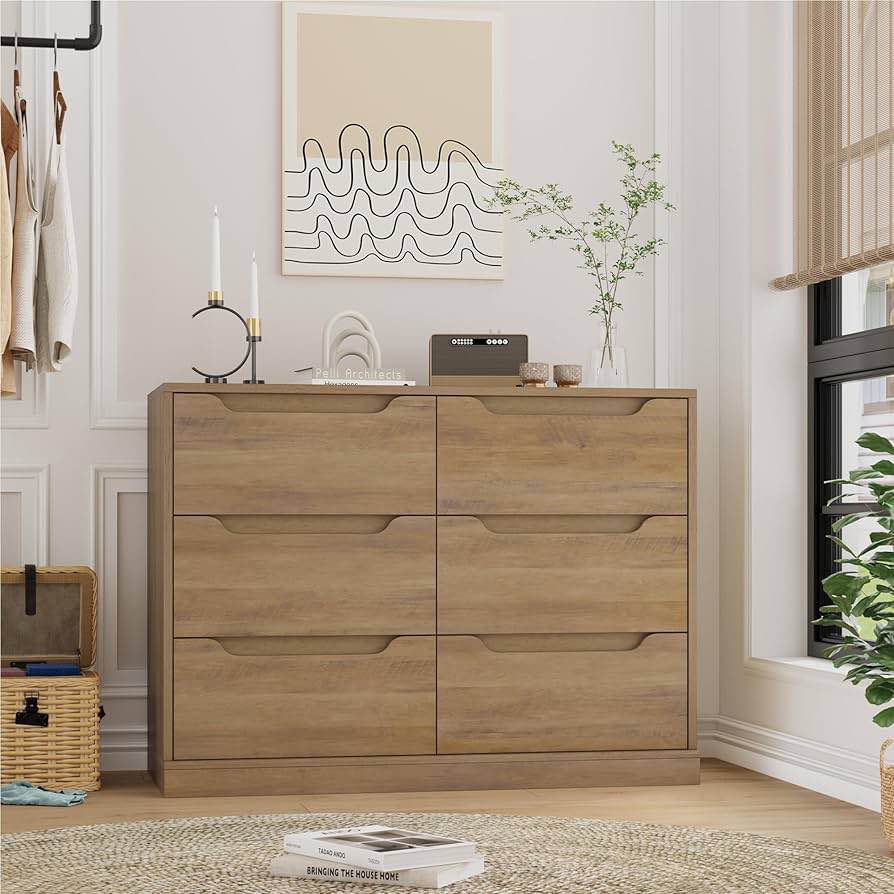 hostack modern 6 drawer dresser, double chest of drawers with storage, large wooden storage dresser organizer with cut-out handle, accent storage cabinet for living room, rustic brown hos-pb-495 