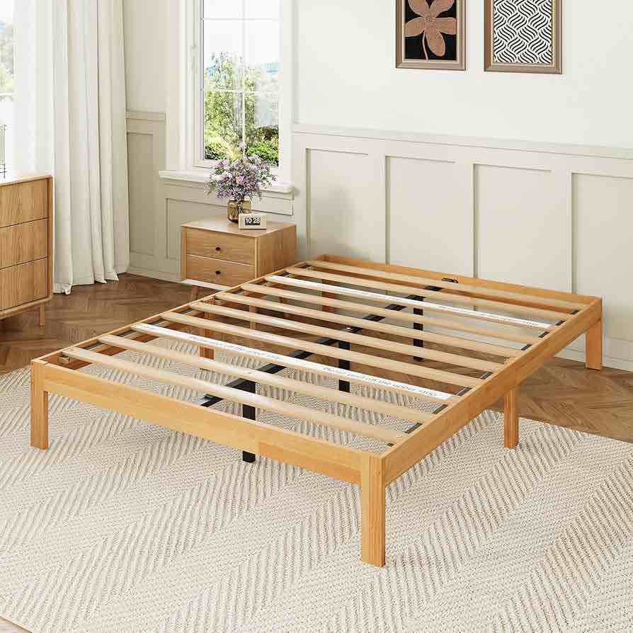 novilla 12 inch full size bed frame, wooden platform bed frame full size, full bed frame without headboard, sturdy wood slat support, no box spring needed, easy assembly, natural grain wood
