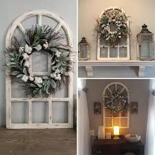 Original Barn Arch Wood Window Frame Wall Decor, Rustic Farmhouse Distressed White Wooden Window Pane Hanging Art Decoration, 21 × 48 inches