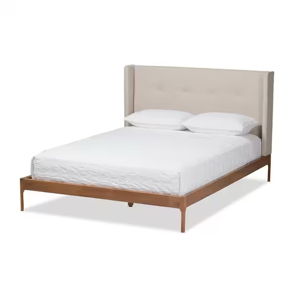 Baxton Studios CF8814-Light Beige-Full-CTN3 Mia Mid-century Light Beige Fabric Upholstered Full Size Platform Bed