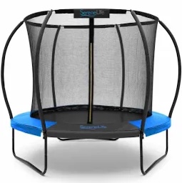 SereneLife 8/10/12/14 FT Outdoor Recreational Backyard Heavy Duty Trampoline with Safety Enclosure Net, Basketball Hoop, Ball, Ladder, Curved Safety Poles, AntiRust Coating, Use for Kids/Adults, Blue