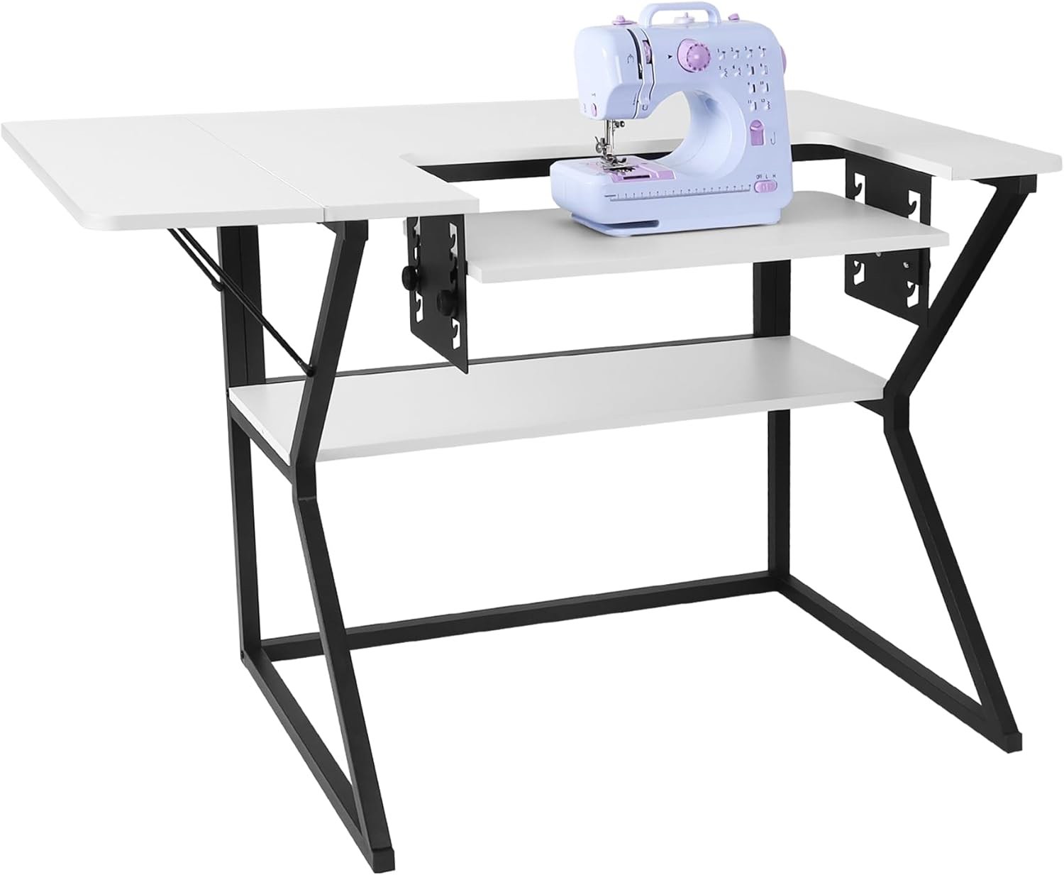 Sewing Table, Large Sewing Machine Table with Adjustable Platform,Sewing Tables for Sewing Machines with Storage Shelf-White