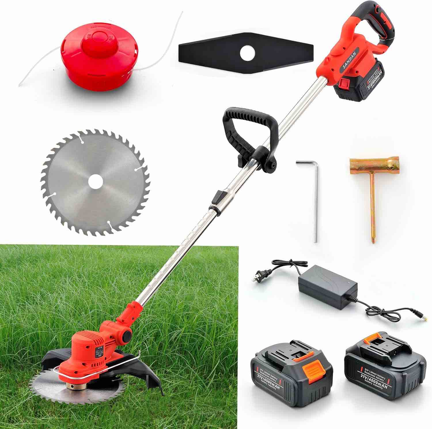 SANJIAN Cordless Weed Wacker Electric Brush Cutter Stringless Weed Eater with 3 Types Blades 2Pcs 4.0Ah Battery,Lightweight String Trimmer for Garden Yard Lawn Trimming/Pruning, Brushless Motor