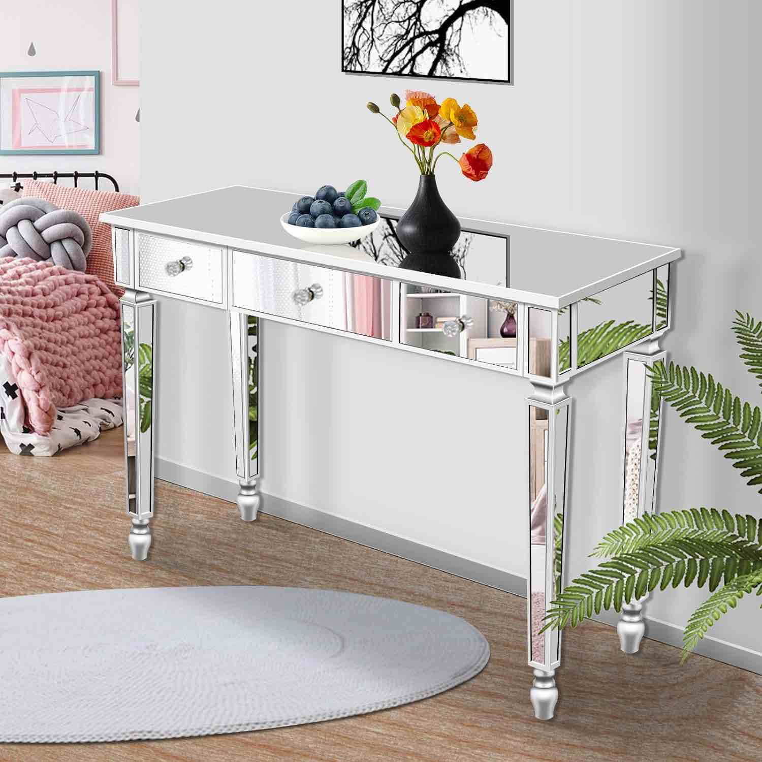 Foh Mirrored Vanity Desk Silver Console Table Mirrored Office Desk Sofa Side Table Accent Vanity Makeup Dressing Table with 3 Drawers for Entryway/Hallway/Living Room (41.73")