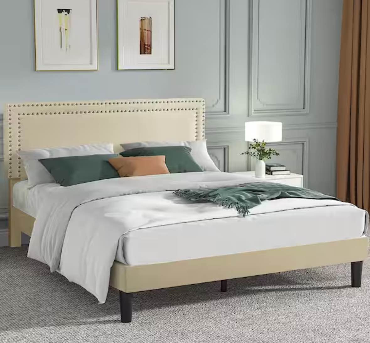 VECELO Upholstered Bed with Adjustable Headboard, No Box Spring Needed Platform Bed Frame, Bed Frame Beige Full Bed
