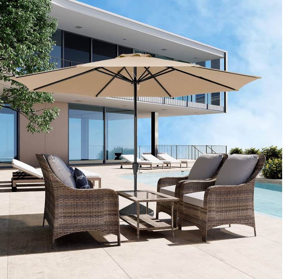 JEAREY 11FT Patio Umbrellas Outdoor Large Market Umbrella With Crank Lift System 8 Sturdy Ribs UV Protection Waterproof Sunproof, Beige