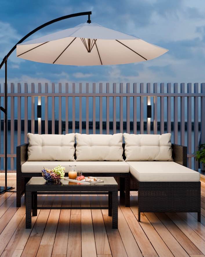 Walsunny 3 Pieces Patio Furniture Set Outdoor Patio Sectional Sofa Weaving Wicker Rattan All Weather Patio Seating Sofas with Cushion and Glass Coffee Table Beige