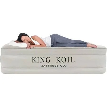 King Koil Luxury Queen Size Air Mattress with Built-in Pump, Plush Top, Home Camping Guests Inflatable Airbed, Double High Blow Up Mattress