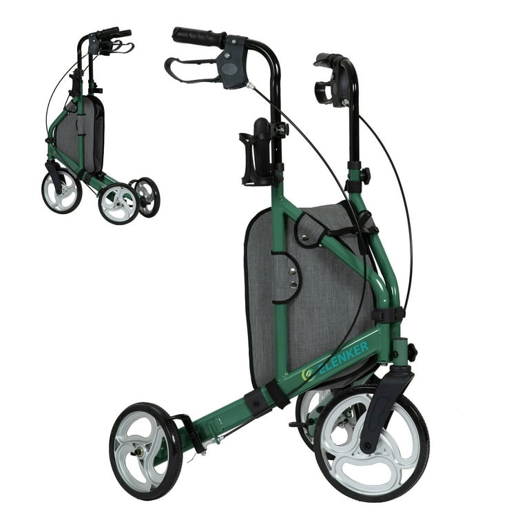 ELENKER 3 Wheel Walkers for Seniors, 3 Wheeled Rollator with 10'' Wheels, Narrow Walkers for Small Spaces, Compact Folding, Ideal for Traveling, Green