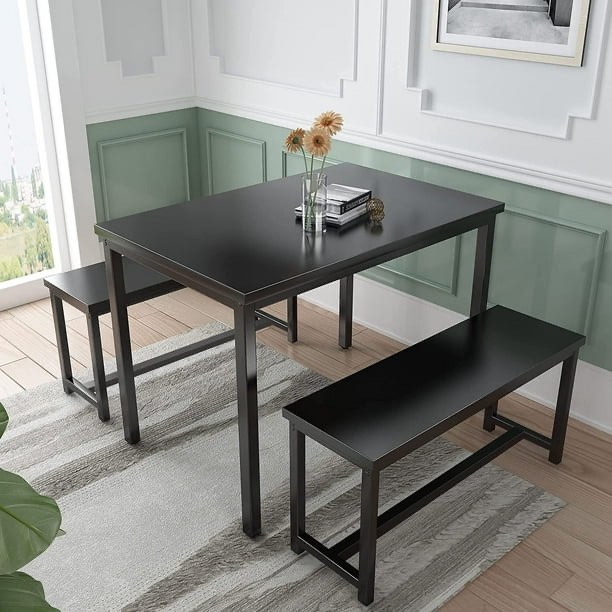 Recaceik Dining Room Table Set, Kitchen Table Set with 2 Benches, Ideal for Home, Kitchen and Dining Room, Breakfast Table of 43.3x23.6x28.5 inches, Benches of 38.5x11.8x17.5 inches, Black