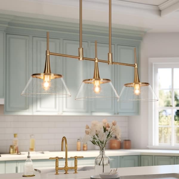 Mola Modern Gold 3-Light Seeded Glass Chandelier Linear Island Pendant Lights for Dining Room - W 34.5" * D 9" * H 12" - Gold  