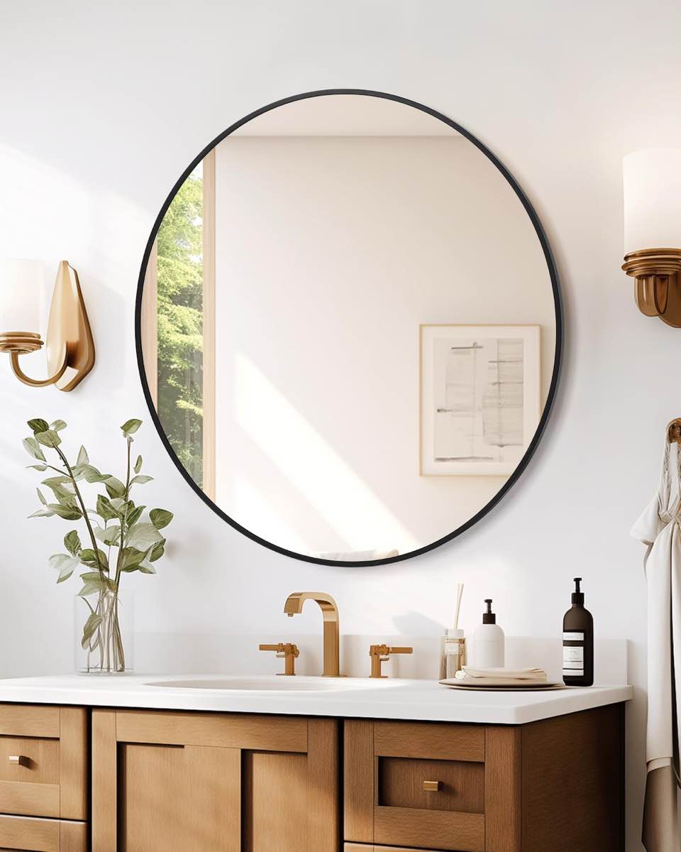 GARVEE 24 Inch Round Mirror, HD Eco-Friendly Bathroom Mirror, Metal Framed Circle Mirror, Modern Wall Mirror For Bathroom, Living Room, Vanity, Easy To Install, Matte Black