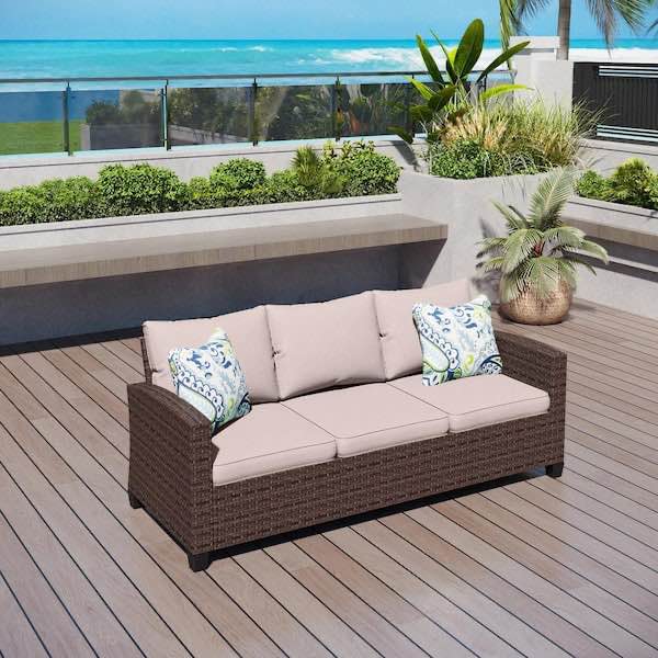 Dark Brown Rattan Wicker Outdoor Patio 3 Seat Sofa Couch with Beige Cushions