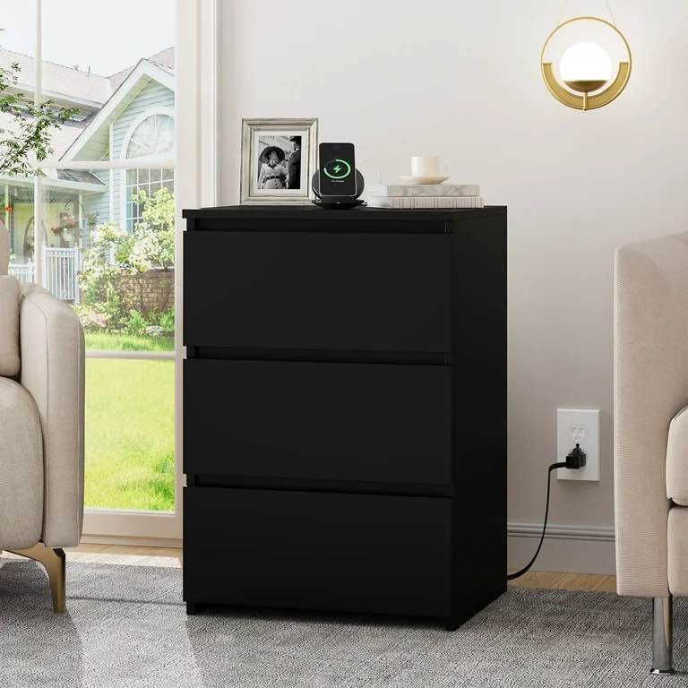 Homfa 3 Drawers Nightstand with Charging Station, Side Table with Storage for Living Room, Black Bedside Nightstand for Bedroom