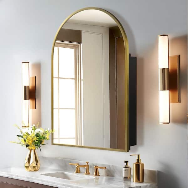 24 in. W x 36 in. H Arched Gold Recessed/Surface Mount Medicine Cabinet with Mirror
