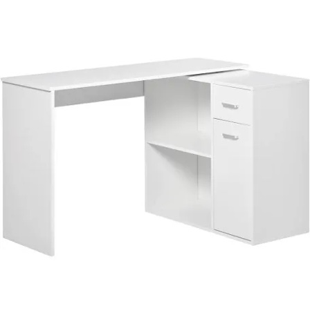 HOMCOM L Shaped Computer Desk, 180° Rotating Corner Desk with Storage Shelves, Drawer and Cabinet, Study Workstation for Home Office, White