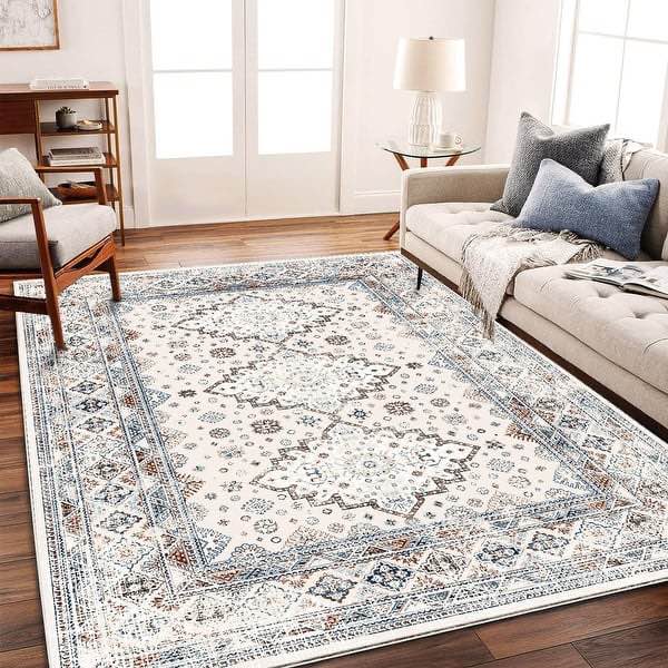 Washable Vintage Floral Area Rug Non-Slip Thin Rug for Living Room, Bedroom, Kitchen and Bath Machine Washable Indoor Pet Rugs - 8' x 10' (Rectangular) - Blue and Gray - Rectangle