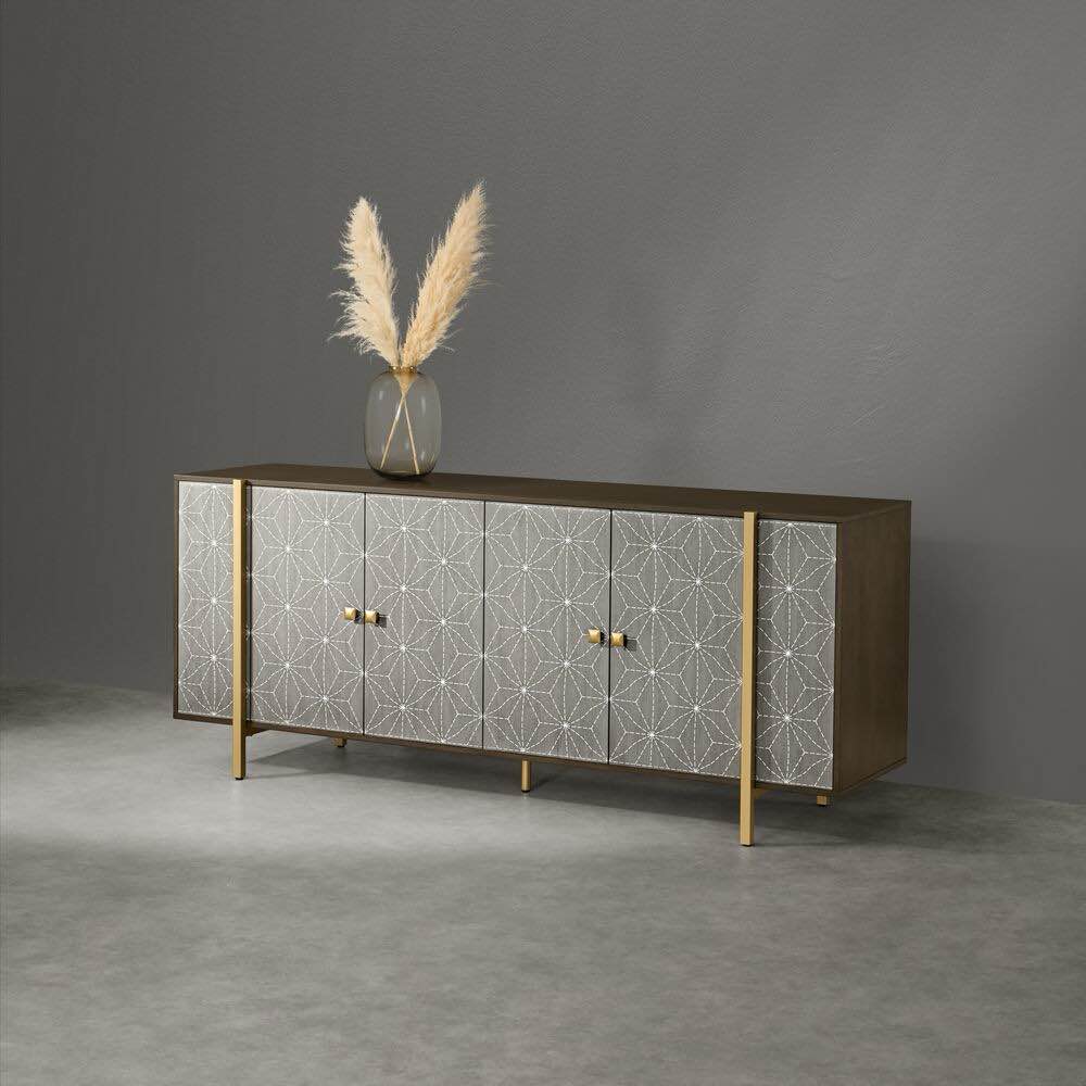 Bayside Furniture Estrella 72in Accent Cabinet  Poplar solids and composite wood construction  Birch veneers Hand-applied, multi-step finish Screen printed pattern Sturdy metal base with powder-coated finish Soft close cabinet hinges Adjustable shelves (PRE-ASSEMBLED - MINOR SCRATCH.)